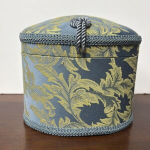 Vintage Tapestry Fabric Covered Storage Sewing Oval Box with Padded Lid & Tassel